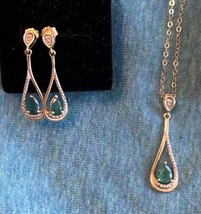 10K Yellow Gold Emerald & Diamond Earring & Pendant Necklace $1,895 Value