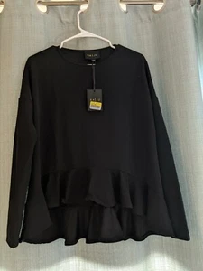 RAJU Los Angeles LA Designer Black Ribbed Ruffled High Low Hem Blouse Size M - Picture 1 of 5
