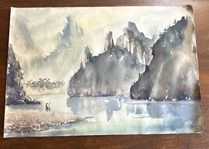 Quadro acquerello senza cornice firmato Guilin paesaggio cinese 11,2 x 15,5 galleria - Foto 1 di 6