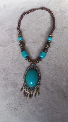 Collar Joyería Antiguo Egipto Azul Turquesa 30cm Vintage Tono Latón Madera Marrón Foto 1 de 3