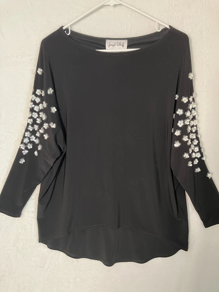 Top túnica negra Joseph Ribkoff talla 4 lentejuelas perla 3D floral adornado elástico Foto 1 de 4