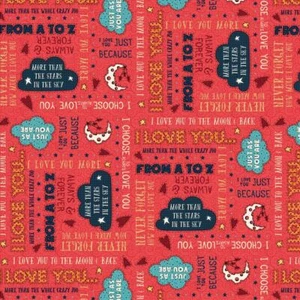 Fat Quarter Moon And Back Love Words On Red 100% Cotton Fabric - Picture 1 of 1