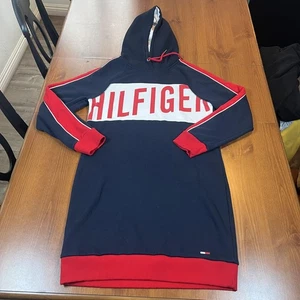 Tommy Hilfiger Hoodie Dress Womens Small Navy Red Spell Out Logo Pullover Long - Picture 1 of 9