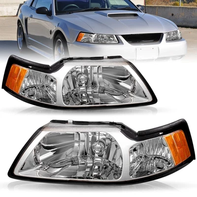 Fit For Ford Mustang 1999-2004 Chrome Housing Amber Corner Headlight/Lamp Pair Foto 1 de 4
