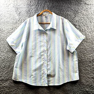 Damart Womens Blouse Top Size 24 Blue White Green Stripe Textured Short Sleeve - Picture 1 of 14