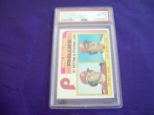 1982 TOPPS #636 PHILLIES BAT AND PITCH LEADERS PETE ROSE AND STEVE CARLTON PSA 8