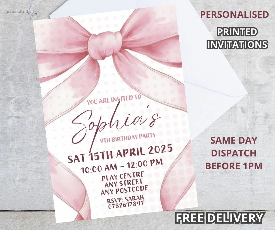 Personalised PRINTED BOW THEME Pink A6 Birthday Party Girly Invitations Invites - Image 1 of 1