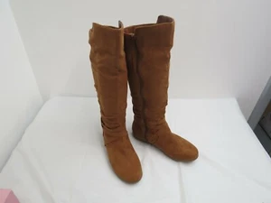 GIRL YOUTH FASHION KNEE HIGH SOFT BOOTS SIZE 7 ROUTE 66 TAN FULL ZIPPER - Picture 1 of 4