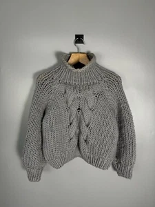 I LOVE MR HANDSCHUHE grau verkabelter Ärmel klobig übergroßer Strick Wollpullover XS/S - Bild 1 von 11