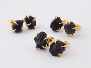 Obsidian Raw Stone Natural Good Energy Healing Crystal Stud Gold Stud Earrings - Picture 1 of 11