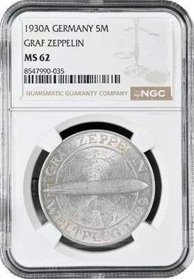 Weimar Republic 5 reichsmark 1930 A, NGC MS62, "Flight of the Graf Zeppelin" - Image 1 of 2