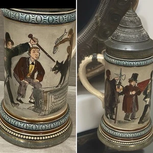 ANTIQUE METTLACH STEIN CIRCUS TRAINER MONKEY CAT FISH 11” - Picture 1 of 14