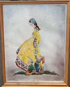 painting-female servant and dwarf 1958 with glass wood frame m6 - Bild 1 von 6
