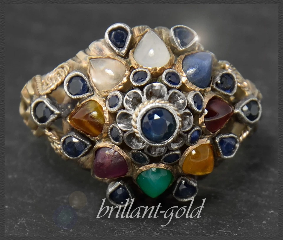 Antiker Edelstein Damen Cocktail Ring, 14K (585) Gold & Silber, Antik um 1880 - Bild 1 von 4