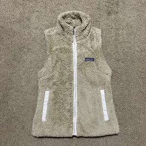 Patagonia Women Vest Beige Sherpa Logo Patch Full Zip Pockets Mock Neck XS - Picture 1 of 5