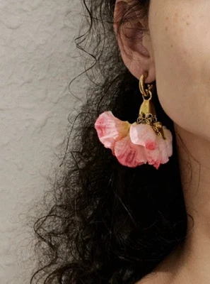 VTG Anthropologie Hoop Flower Earrings Gold Fabric Pink Petal CZ Boho Huggie - Image 1 of 4
