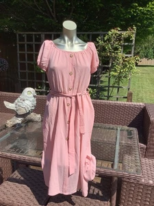 Peachy pink button elastic waist belted dress  size 10/12 on or off shoulder - Picture 1 of 8