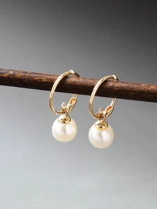 14ct Solid Gold Pearl Charm Huggie Hoops Earrings, 14K, hallmarked, classic gift - Picture 1 of 9