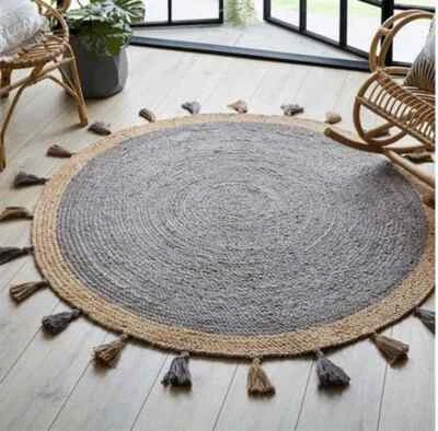 Jute Rug Round Blue Circle Design Farmhouse Area Rug Rustic Look Rug Boho Rug - Image 1 of 4