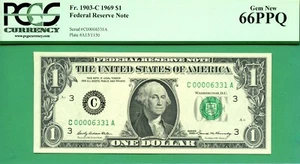 LOW SERIAL C00006331A - 1969 $1 FRN - PCGS GEM 66 PPQ - Fr 1903-C PHILADELPHIA - Picture 1 of 2