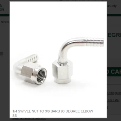 APEX 1/4 SWIVEL NUT TO 3/8 BARB 90 DEGREE ELBOW SS # 7073, (1) One
