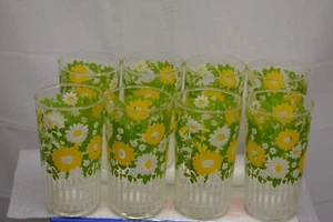 8 VERRERIE DE CLÔTURE PIQUET DE FLEURS BLANCHES ET JAUNES MODERNES DU MILIEU DU SIÈCLE 16 oz - Photo 1/1