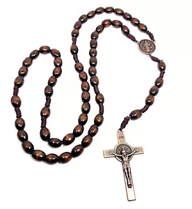 Rosary Bead Crucifix Necklace Dark Wood Tone Saint Benedict Catholic Jewellery - Picture 1 of 18