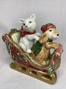 Fitz & Floyd Father Christmas Dog / Cat Salt and Pepper Shakers with Sleigh 1995 - Picture 1 of 8