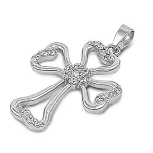 Simple High Polish Cross Pendant Clear Simulated CZ .925 Sterling Silver Charm - Picture 1 of 2
