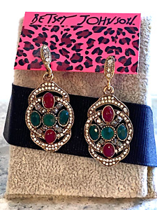 BETSEY JOHNSON EARRINGS DANGLE RED / GREEN WITH CRYSTALS GOLD POST DANGLE ER
