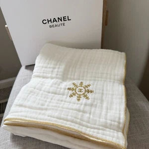 CHANEL Big White & Gold BLANKET White Cotton Snow flake Logo - Picture 1 of 5