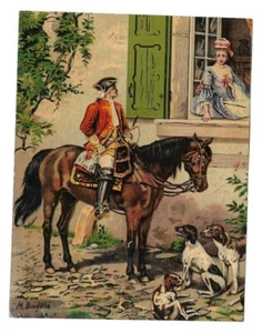 Cavalier Chien de chasse Jeune femme Fenêtre - Chromolithographie sur papier fin - Picture 1 of 2