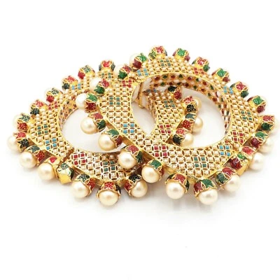 Vergoldet 2PC Indisch Ethnisch Kada Schmuck Perlen Kundan Armreifen Set Neu - Bild 1 von 2