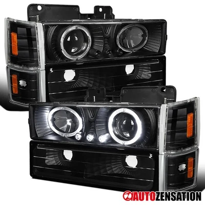 LED Halo Fit 1994-1998 C10 Yukon Sierra Black Projector Headlights+Corner Lamps Foto 1 de 4
