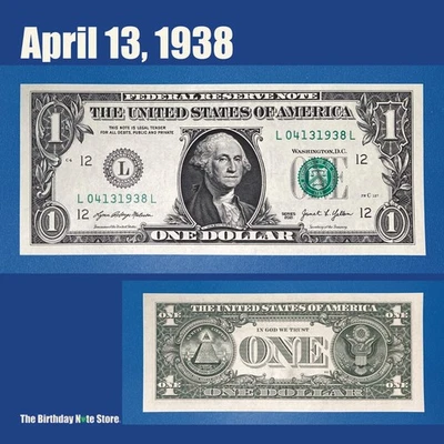 April 13, 1938 Birthday Anniversary $1 One Dollar Bill Serial Number 04131938 - Image 1 of 2