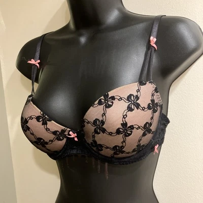 Betsey Johnson Black Bra Sz 34C Padded Demi Underwire Lace Pink Bow Trim - Image 1 of 4