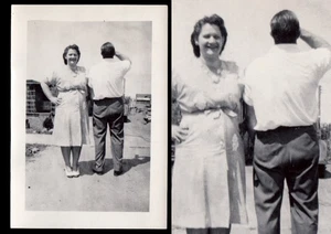 FAT MAN TURNS BACK to CAMERA WHILE CHUBBY WIFES LAUGHS ~ 1930s PHOTO - Picture 1 of 1