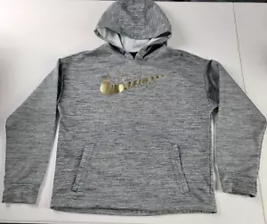 Nike Sweatshirt Hoodie Girls Sz L Gray Gold Logo Thumbholes Long Sleeve Pocket - Picture 1 of 8