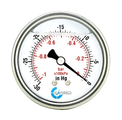 2" Vacuum Gauge, Stainless Steel Case, Liquid Filled, Back Mnt, -30 Hg/0 Psi - Image 1 of 4
