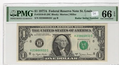 $1 1977A FRN Fr# 1910-H HC Block PMG UNC 66 EPQ Radar Serial St Louis - Image 1 of 2