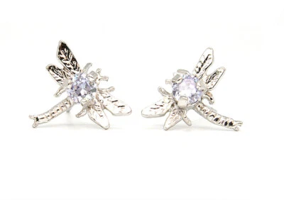 9ct White Gold Lilac CZ Dragonfly Studs Earrings Gift Boxed Made in UK - Image 1 of 4