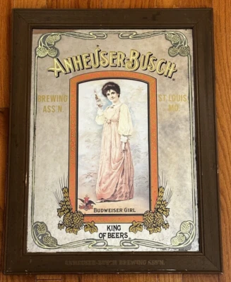 Anheuser Busch Mirror Beer Girl Bar Budweiser George Nathan Wood Frame SEE - Image 1 of 4