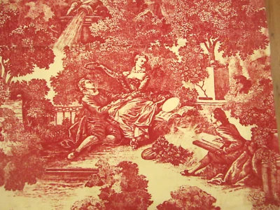 Upholstery Fabric Red Beige  French Country Toile Pastoral Scene 4 yd 31" x 48 - Image 1 of 4
