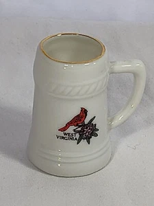 West Virginia Red Cardinal Stein Mug Ceramic 2" Gold Trim Miniature Collect Gift - Picture 1 of 11