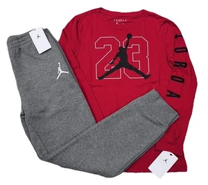 NWT NIKE AIR JORDAN BOY'S 2 pc SET RED LONG SLEEVE & GRAY SWEATPANTS L 12-13 - Picture 1 of 3
