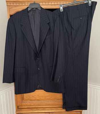Oxxford Archive J&J Minnis Bespoke ~46L Navy Blue Striped Wool Jacket Pants Suit - Image 1 of 4