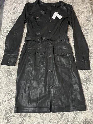 WHBM Coated Denim Dress Jacket Black Knee Length Sz 6 Stretch Belted Pockets New - Image 1 of 4