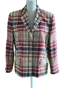 Plaid Check Boyfriend Jacket Uk 16 Casual Linen Silk Vintage BASLER 1980’s - Picture 1 of 6