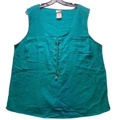 Jaclyn Smith Blouse Womens 2XL Teal Green Linen Rayon Costal Mature Lace Up - Image 1 of 4