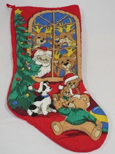 Vtg. Christmas Stocking with 3-D Teddy Bear & Santa with Reindeer 19" x 9" - Picture 1 of 4